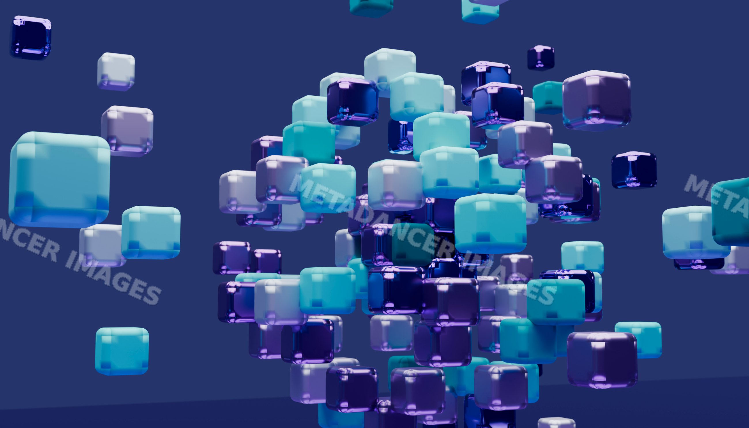 3d rendered abstract floating cubes in shades of blue and purple