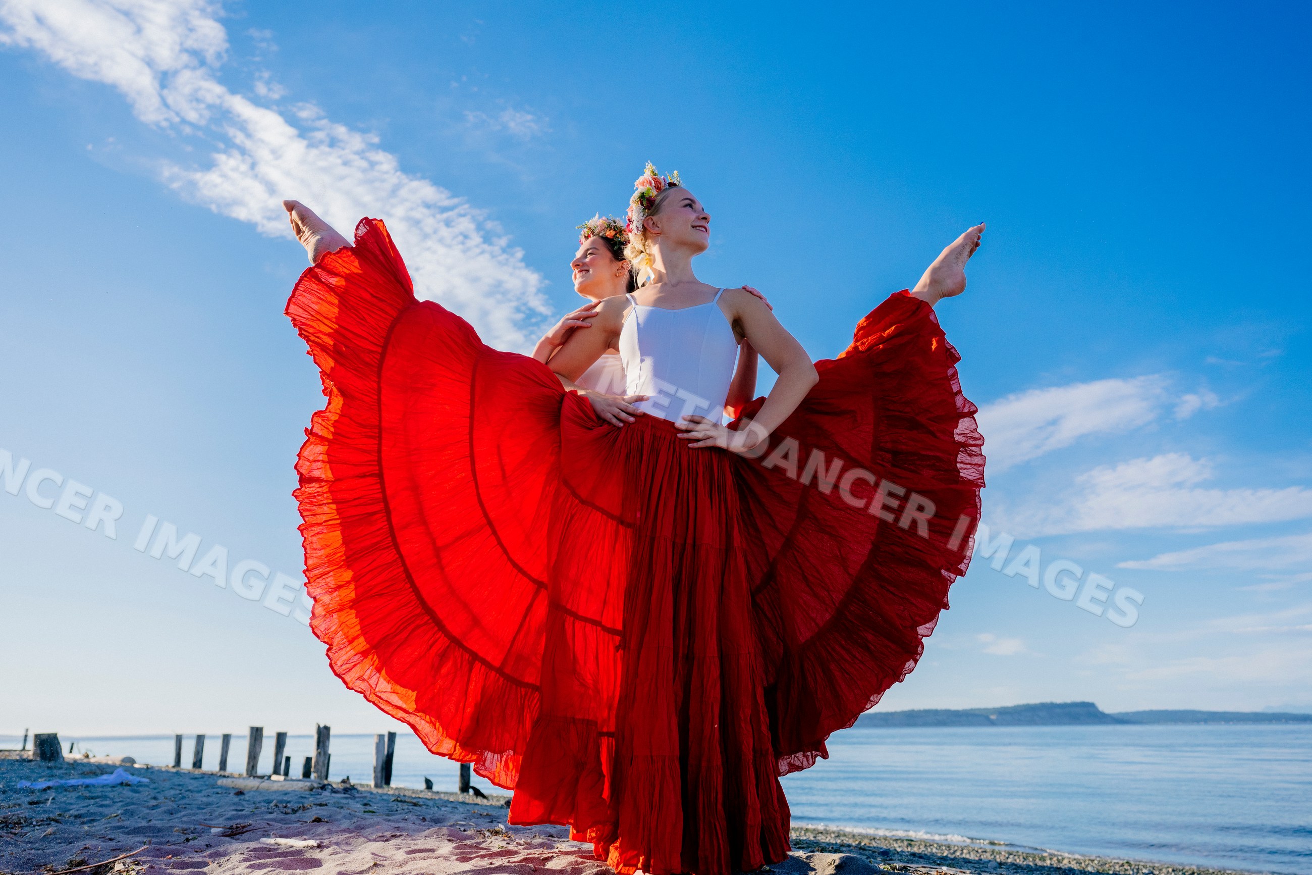 Two white women performing partner acrobatics yoga on a beach