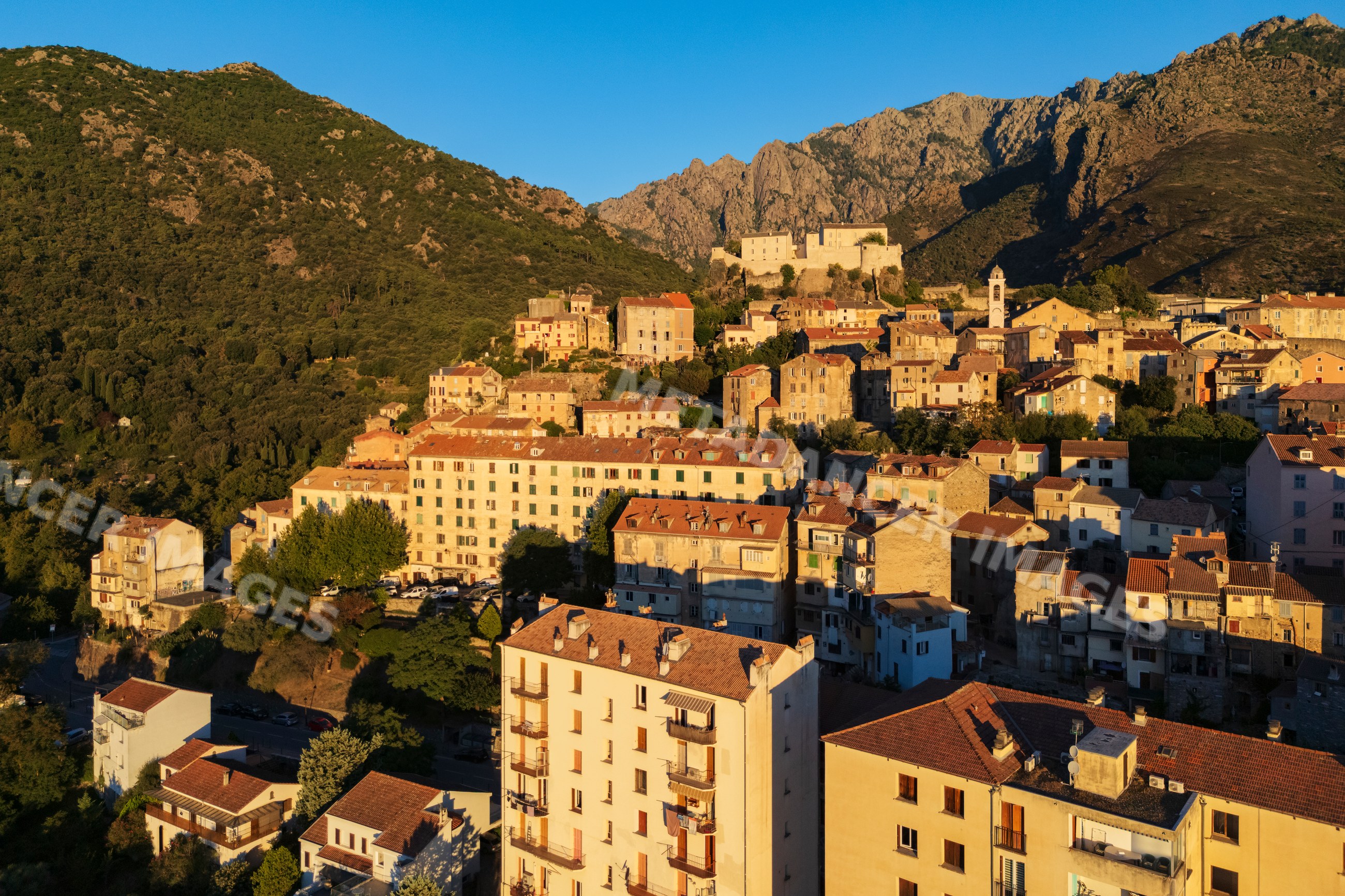 Sunrise view of historic town of corté