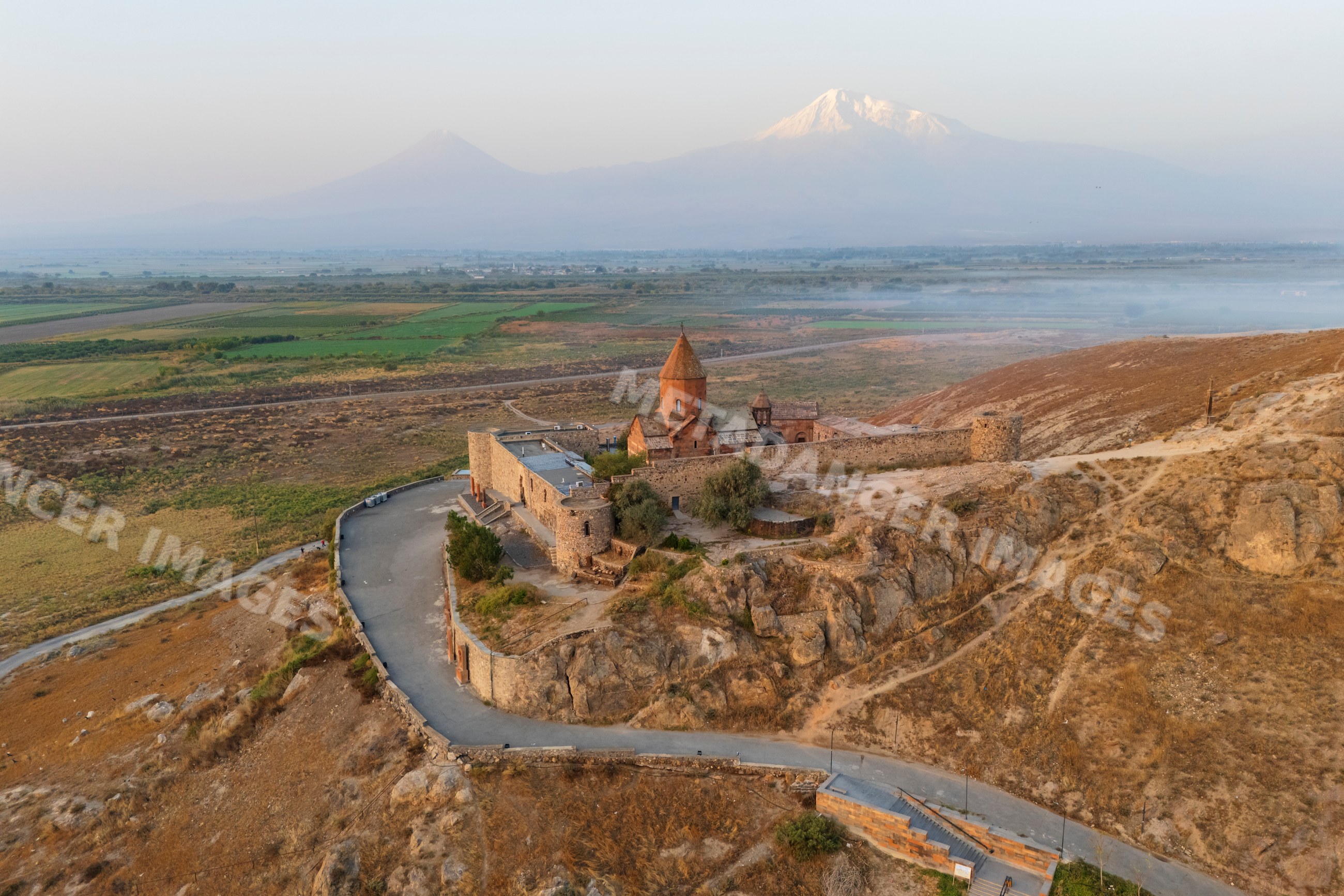 Khor Virap Monastery overlooking ararat plain with mount ararat