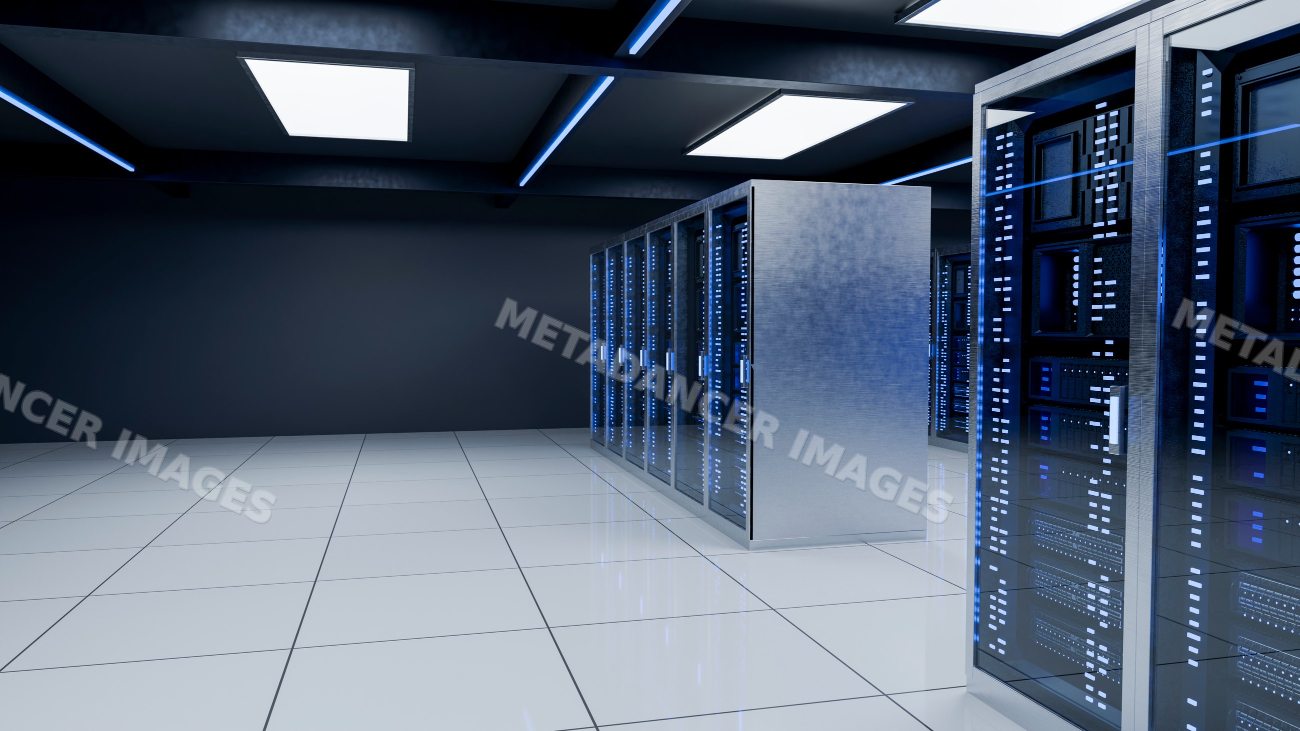 Modern data center with server racks and blue indicator lights