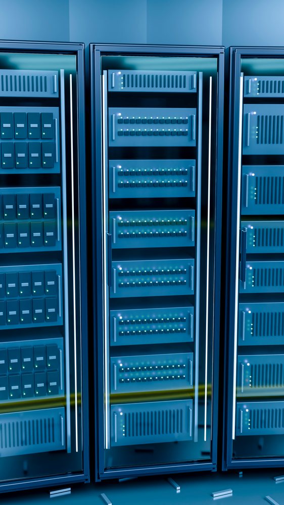 Server racks with glowing indicators in a technology data center