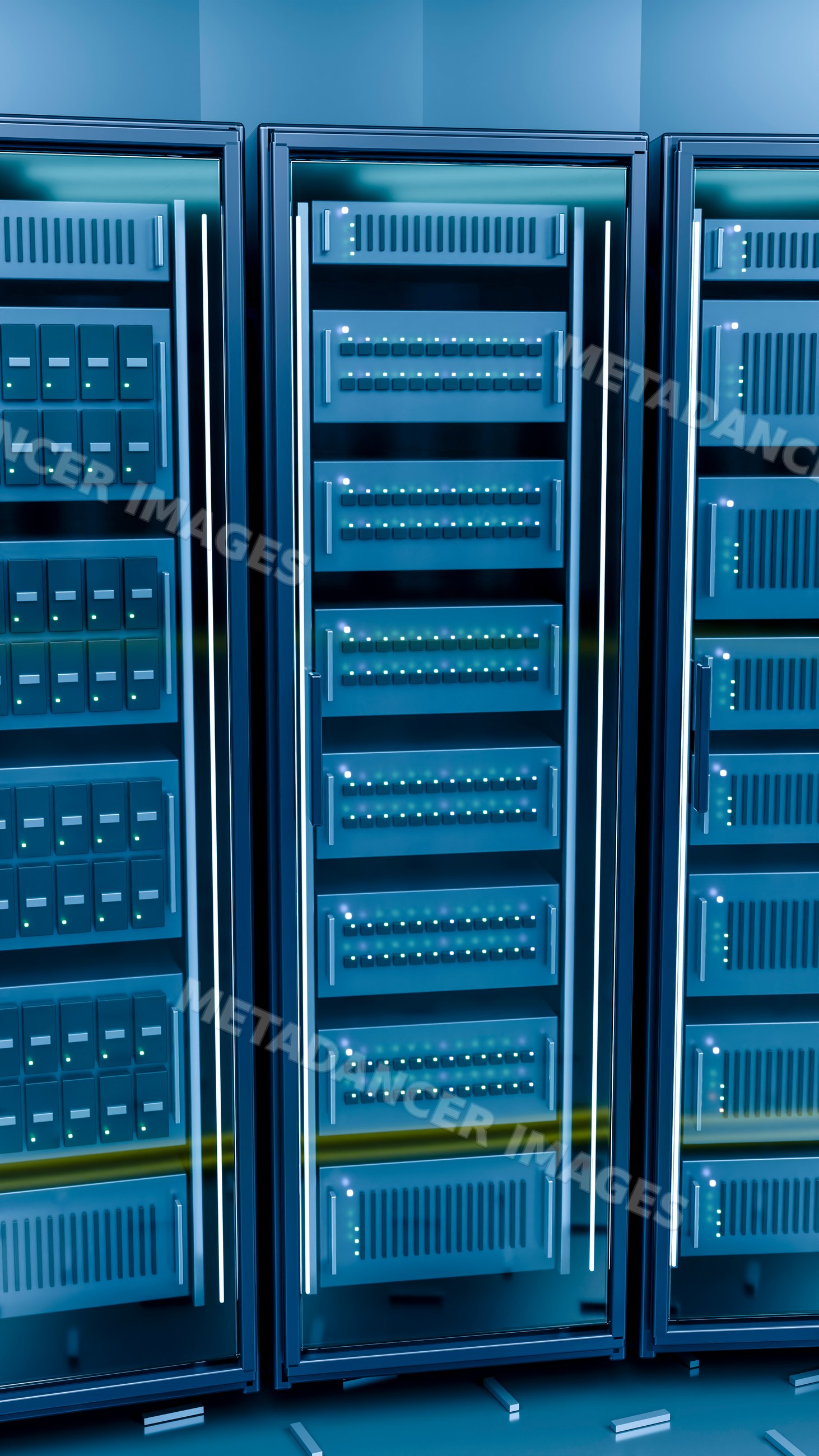 Server racks with glowing indicators in a technology data center