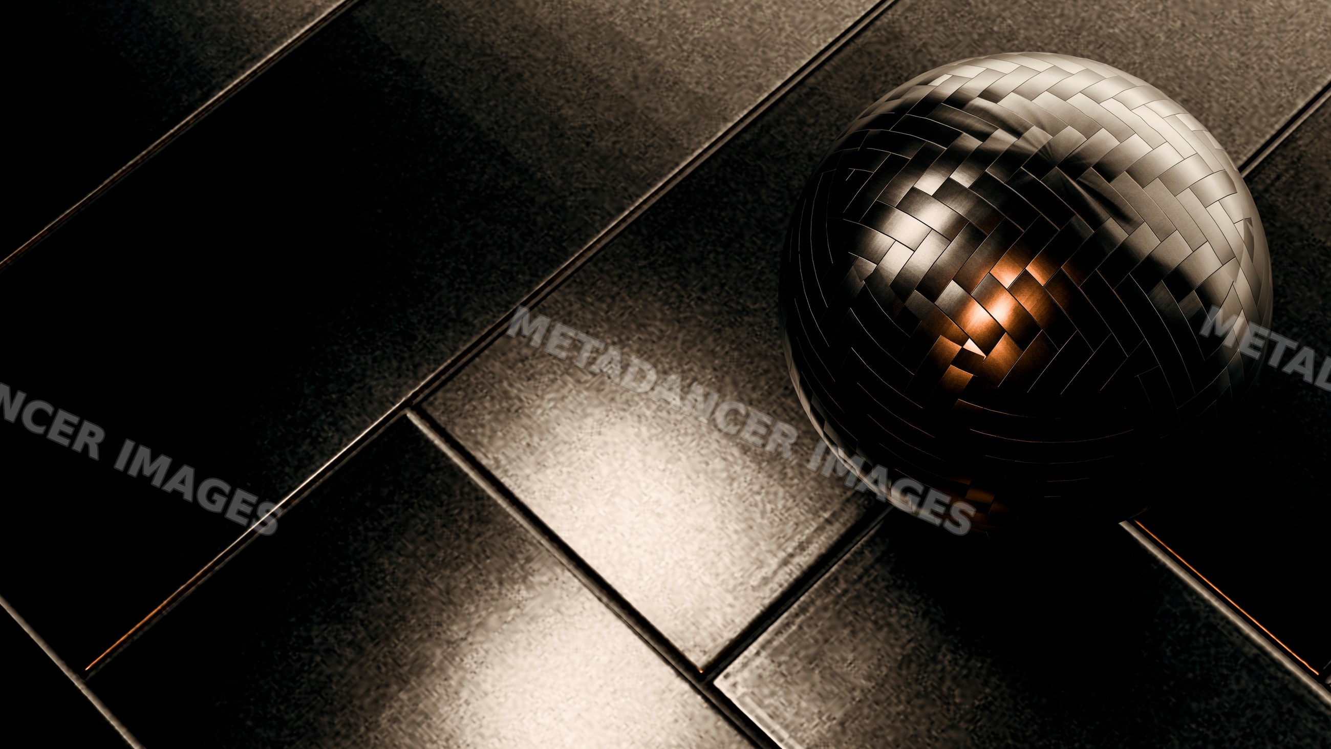 Woven metallic sphere on black tiled floor with light reflections