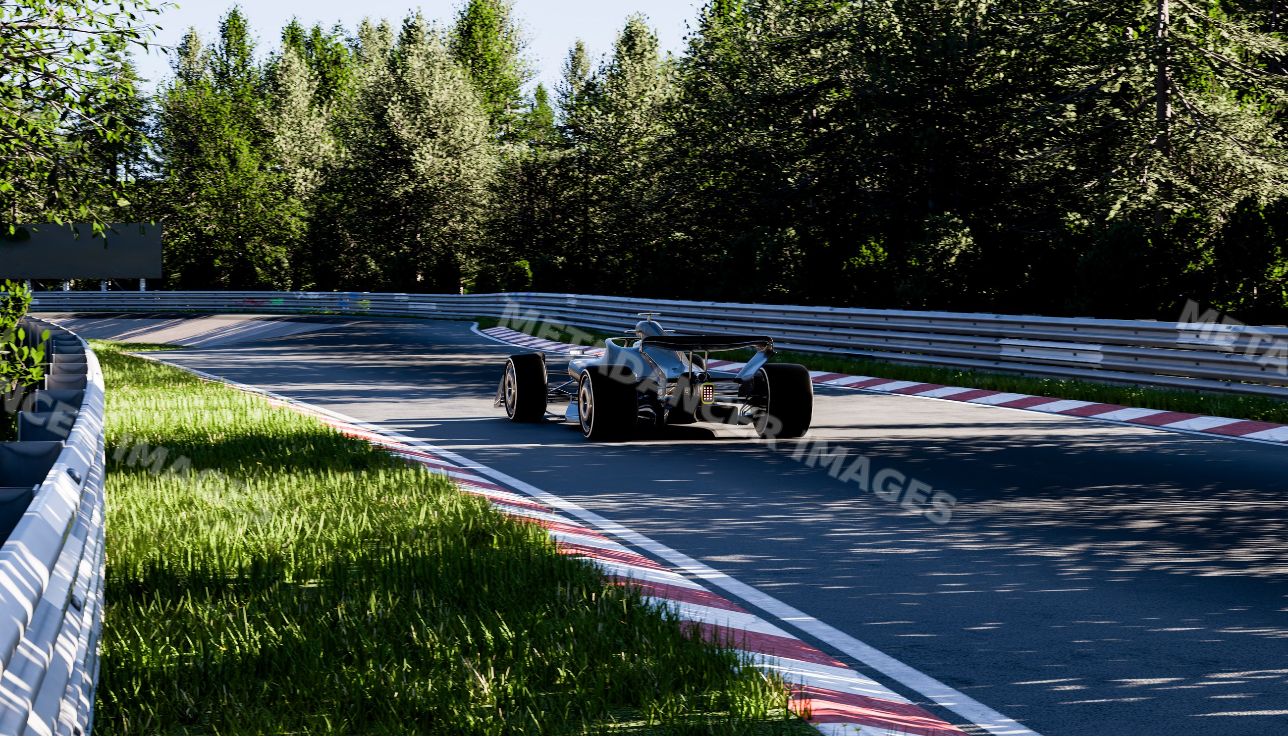 A race car drives on a curved track through a forested race circuit