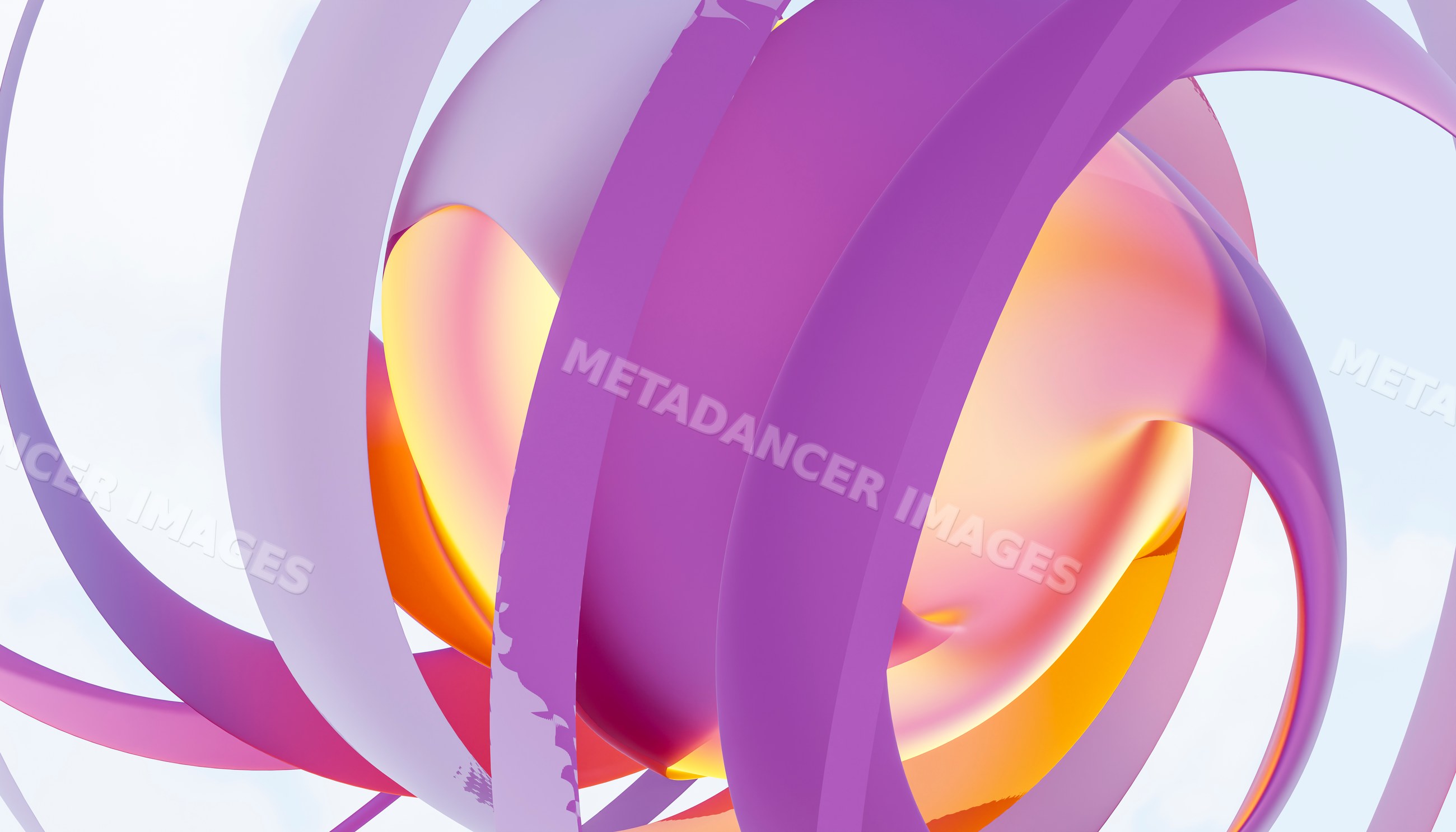 A colorful abstract 3d shape with twisting purple ribbons and glowing