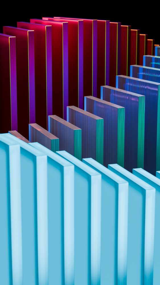 Abstract colored glass panels featuring blue, purple