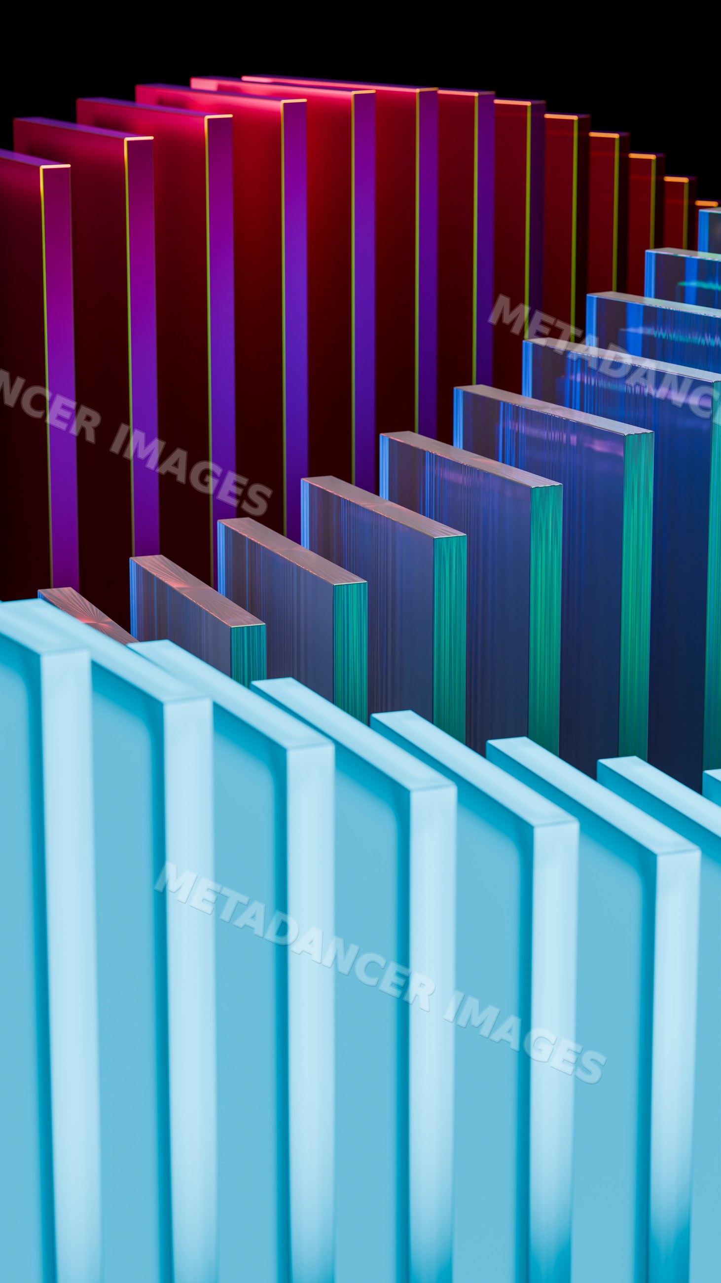 Abstract colored glass panels featuring blue, purple