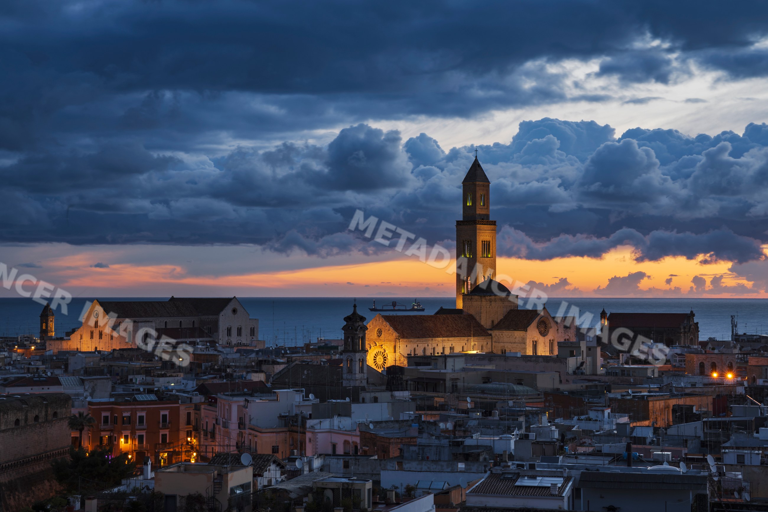 Bari Cathedral at Dawn in Puglia Italy cityscape with sea view