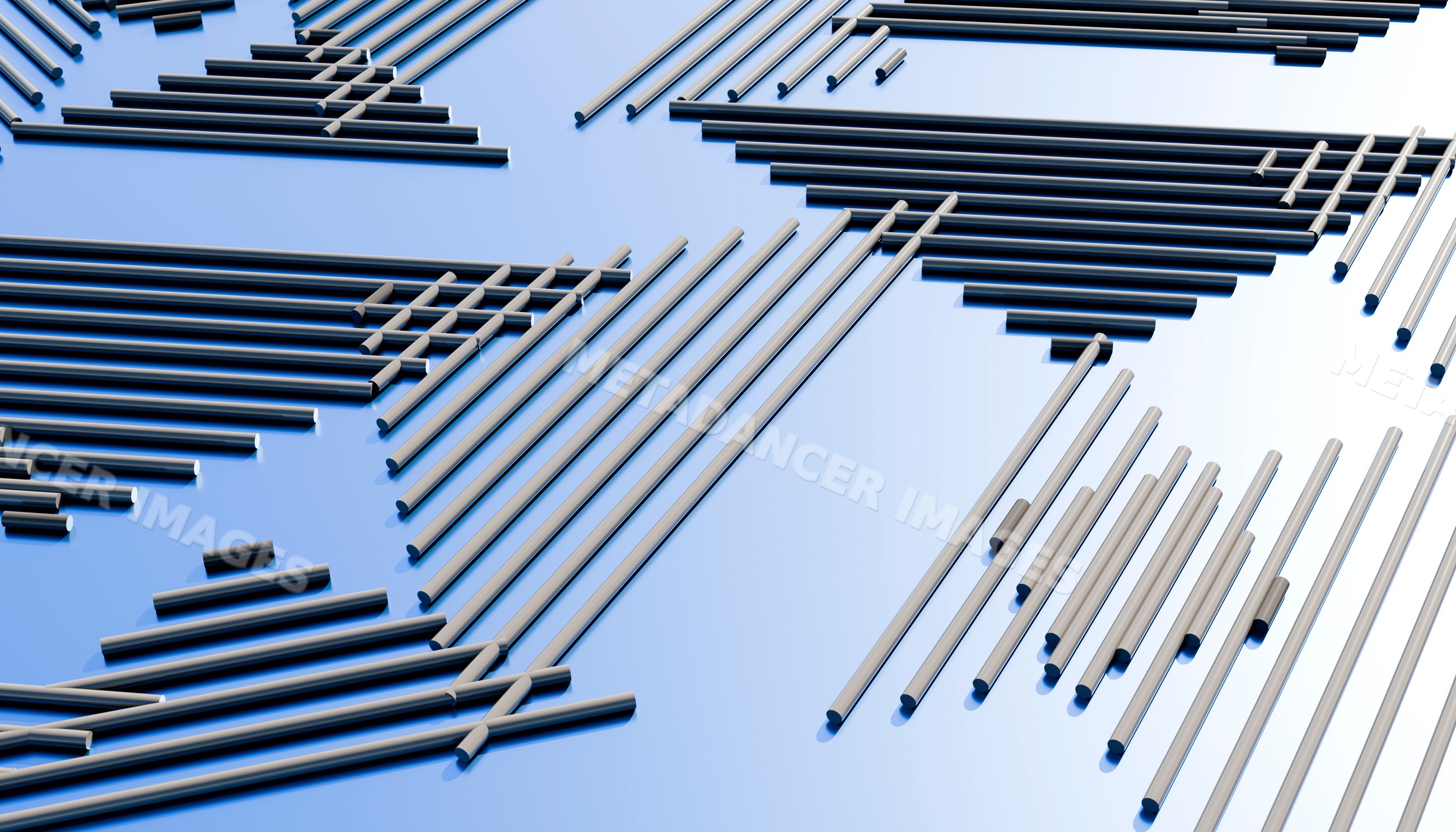 Metal rods arranged in geometric patterns on a reflective surface
