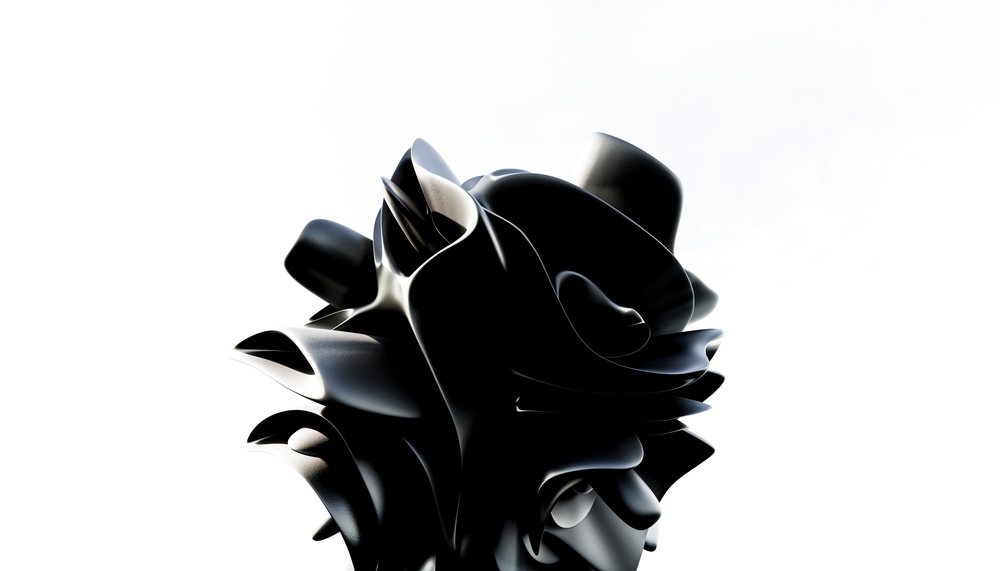 A close-up of a modern black abstract sculpture with flowing organic