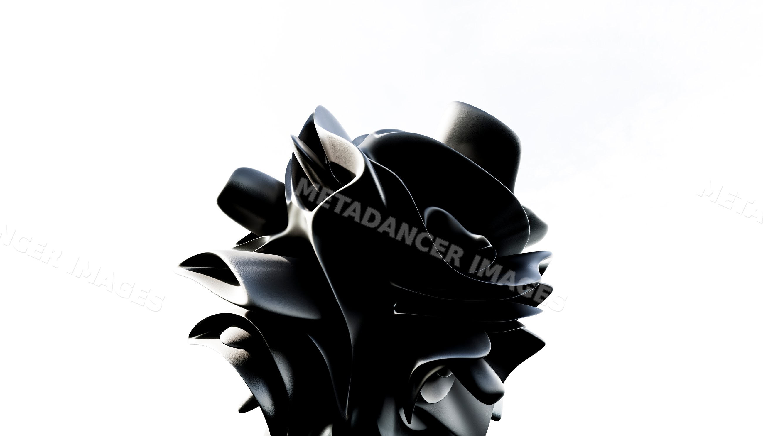 A close-up of a modern black abstract sculpture with flowing organic
