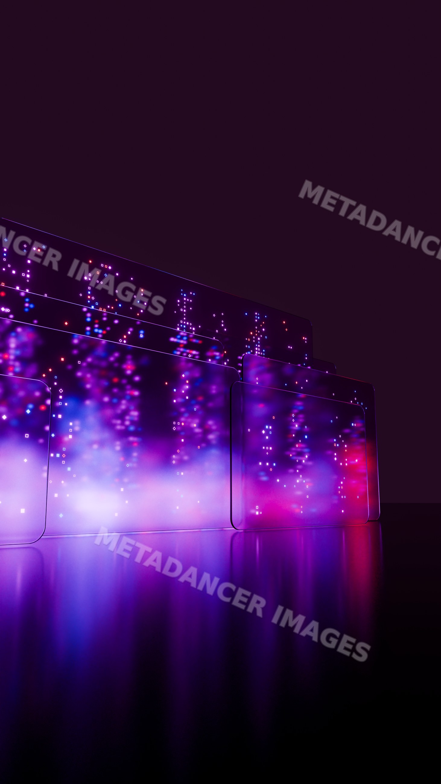 Abstract digital panels with glowing purple and pink light particles
