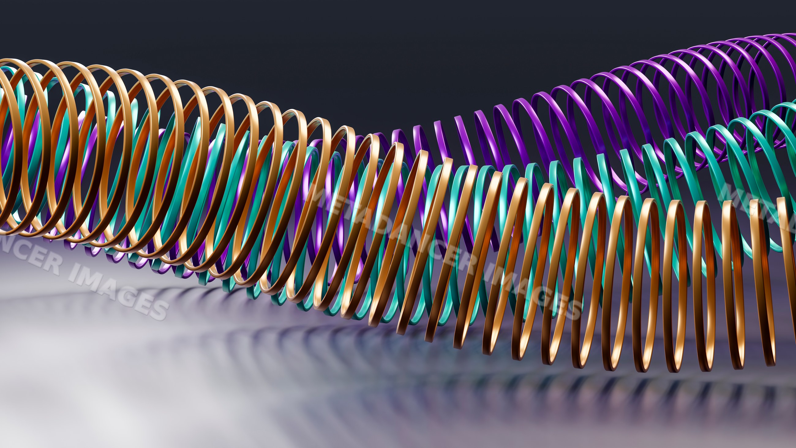 Abstract intertwined metallic spiral coils in purple, gold, and teal