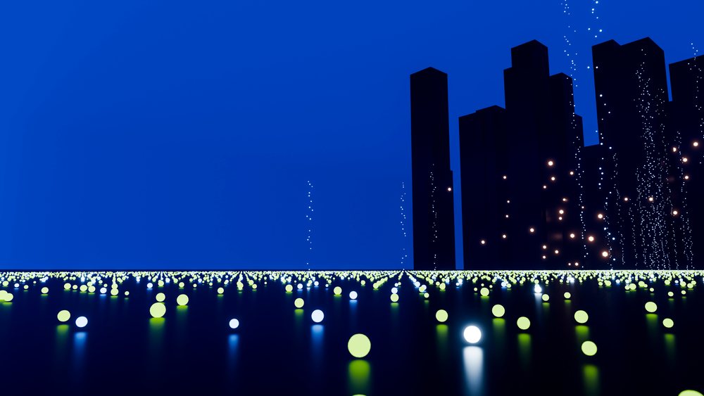 Abstract futuristic cityscape with glowing spheres and dark buildings