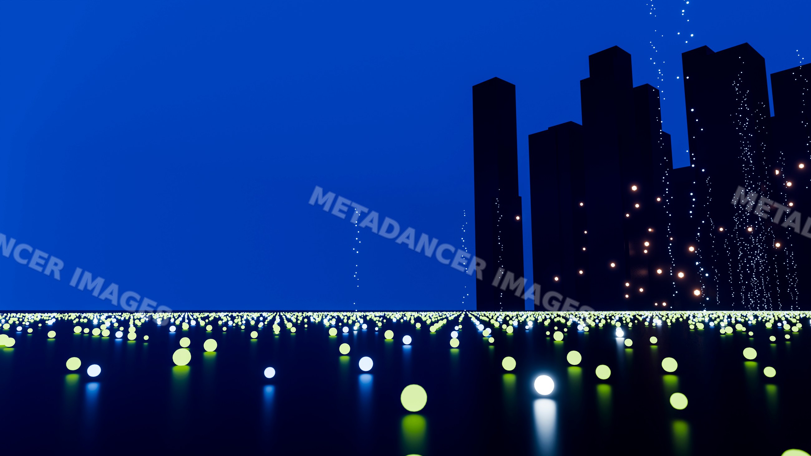 Abstract futuristic cityscape with glowing spheres and dark buildings