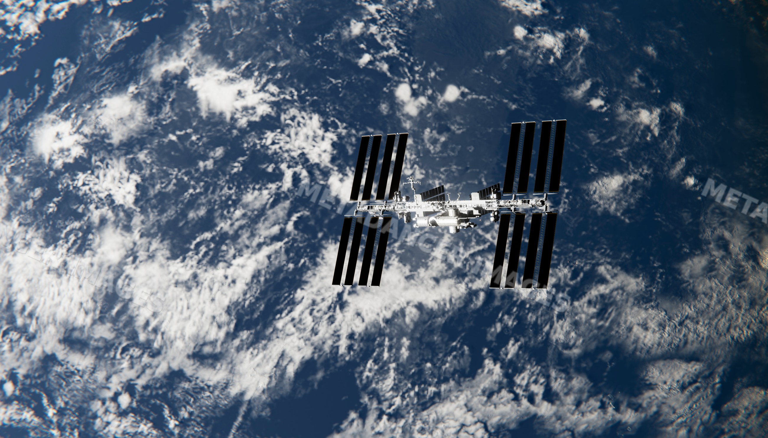 A manned orbiting research facility orbits earth with solar panels