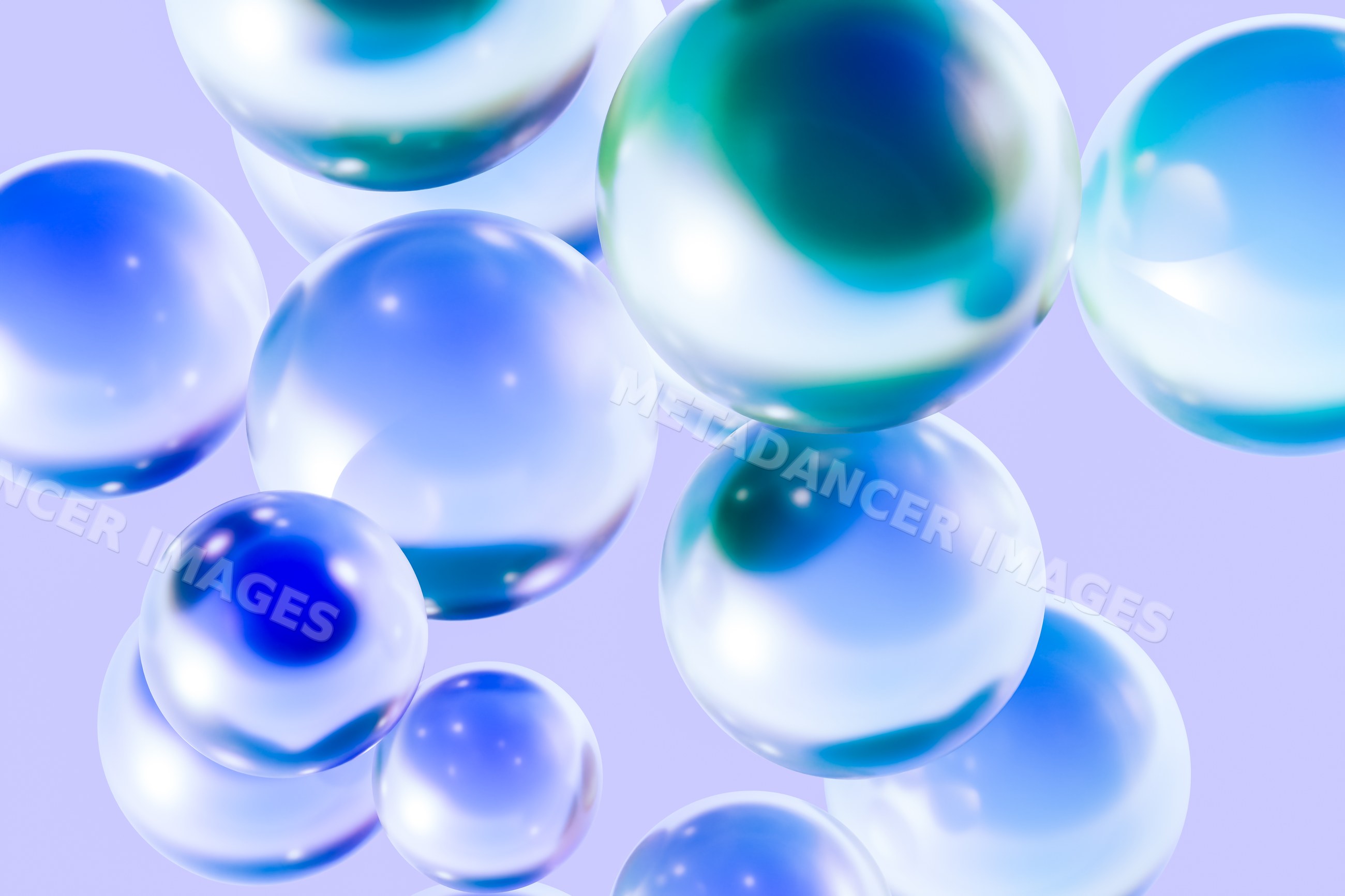 Floating transparent blue and white spheres on purple abstract