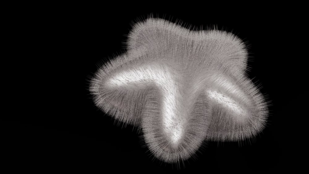 White abstract 3d shape with fine fuzzy texture and soft filaments