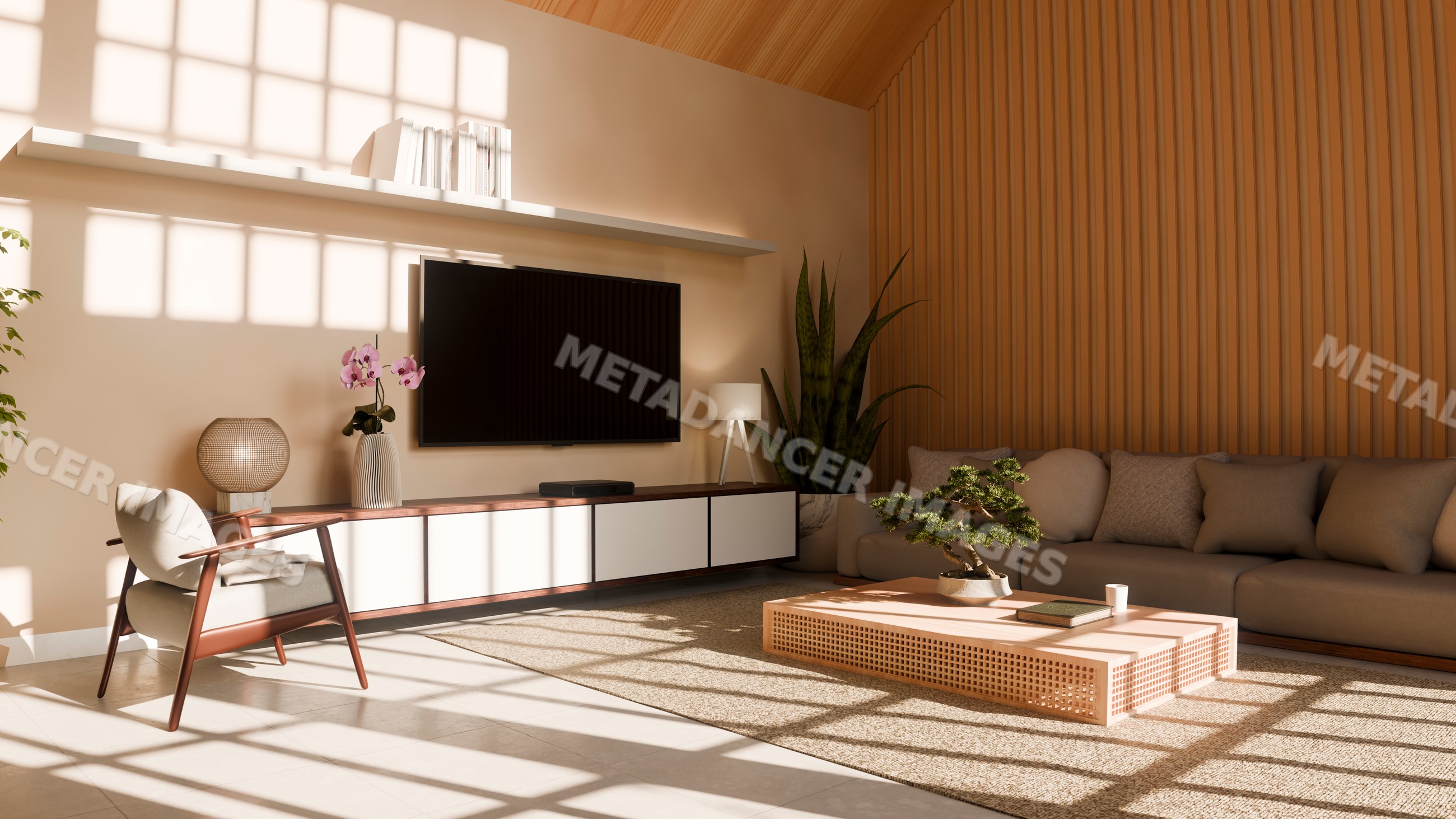 Modern living room with wood panel wall and bonsai on coffee table