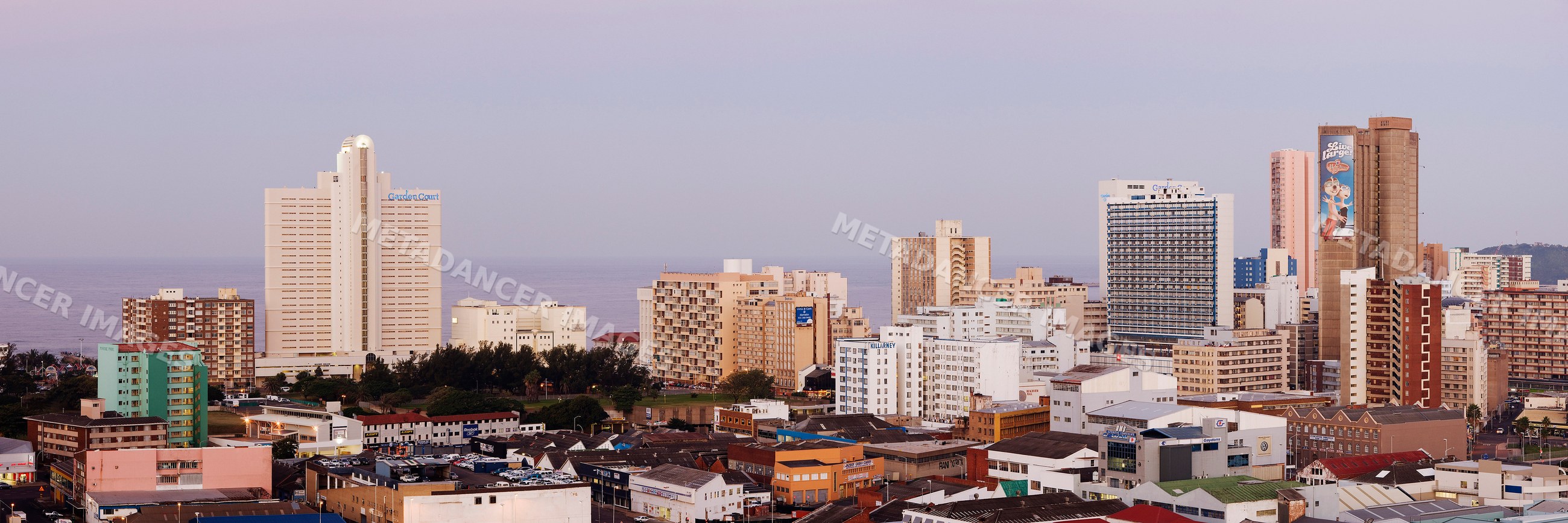 Cityscape of durban with ocean view at sunset