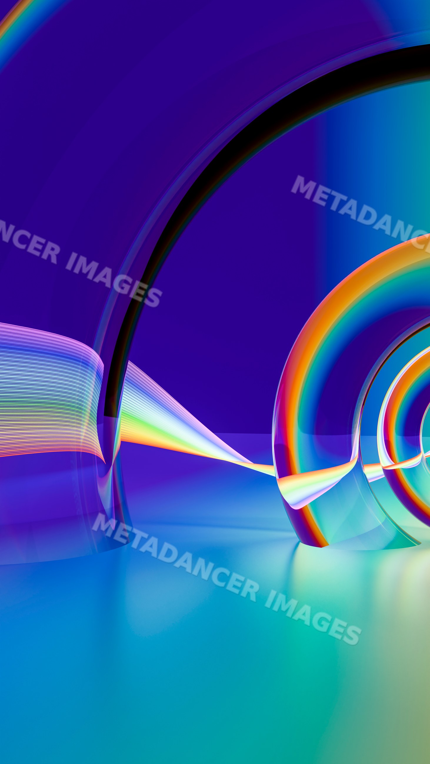 Colorful abstract digital illustration with curved glass and rainbow