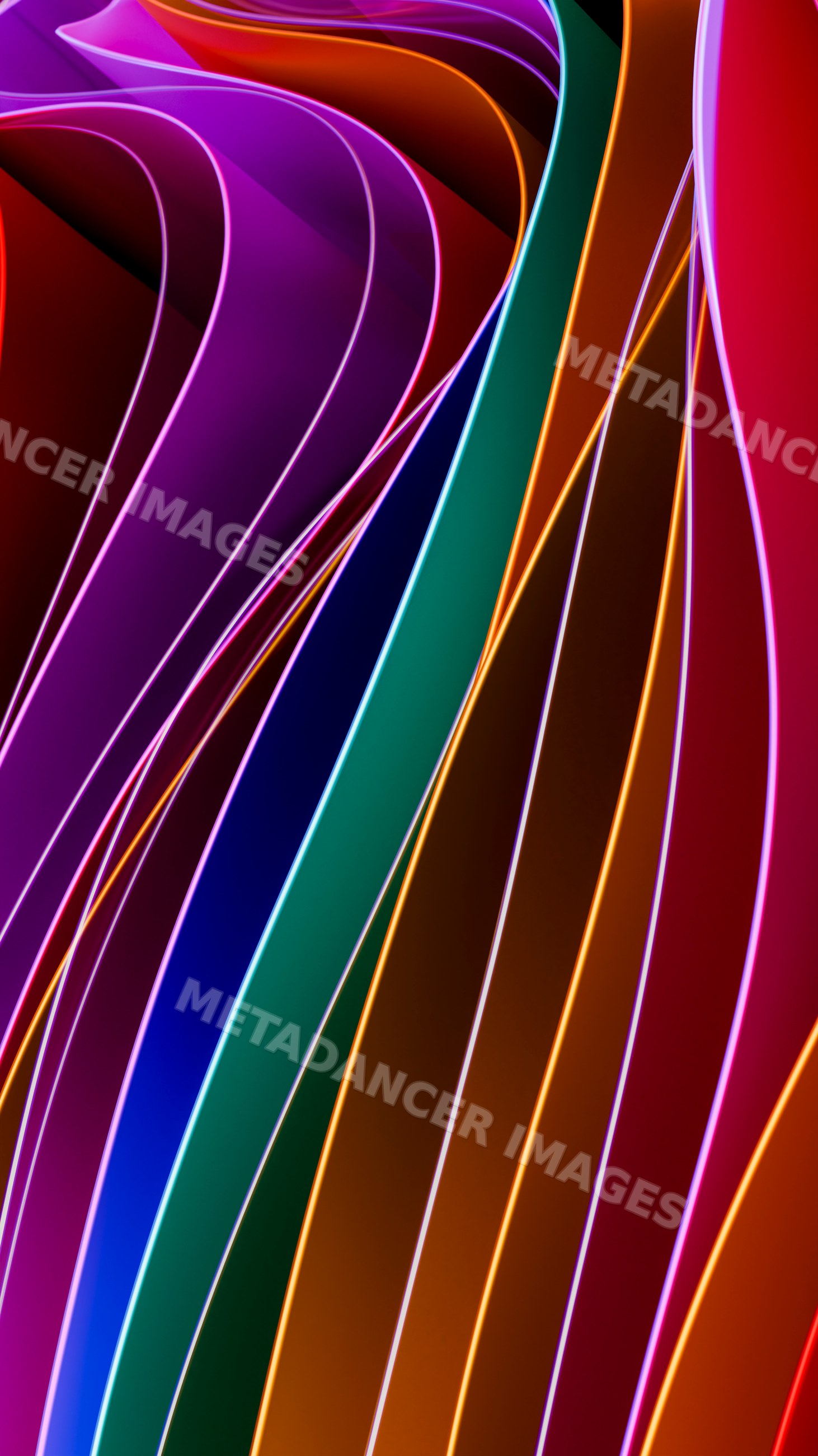 Colorful curved lines forming abstract wave pattern with neon edges