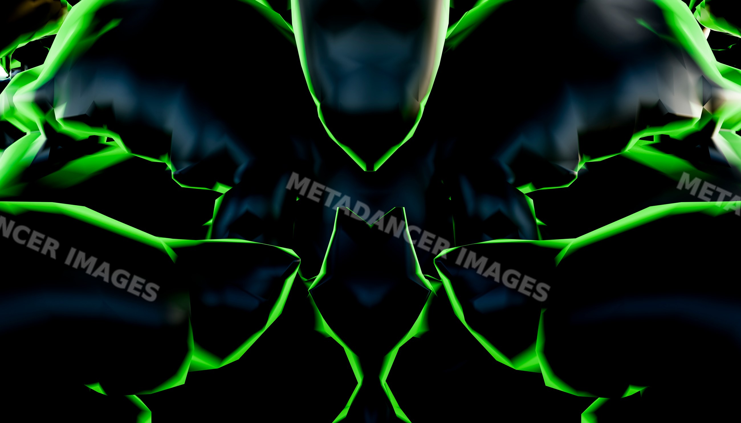 Abstract symmetrical 3d rendering with glowing green edges on Black