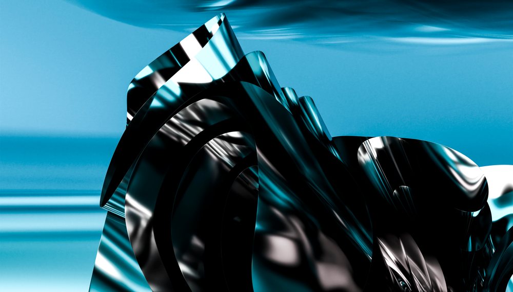 Abstract shiny metal sculpture with curved forms on blue background