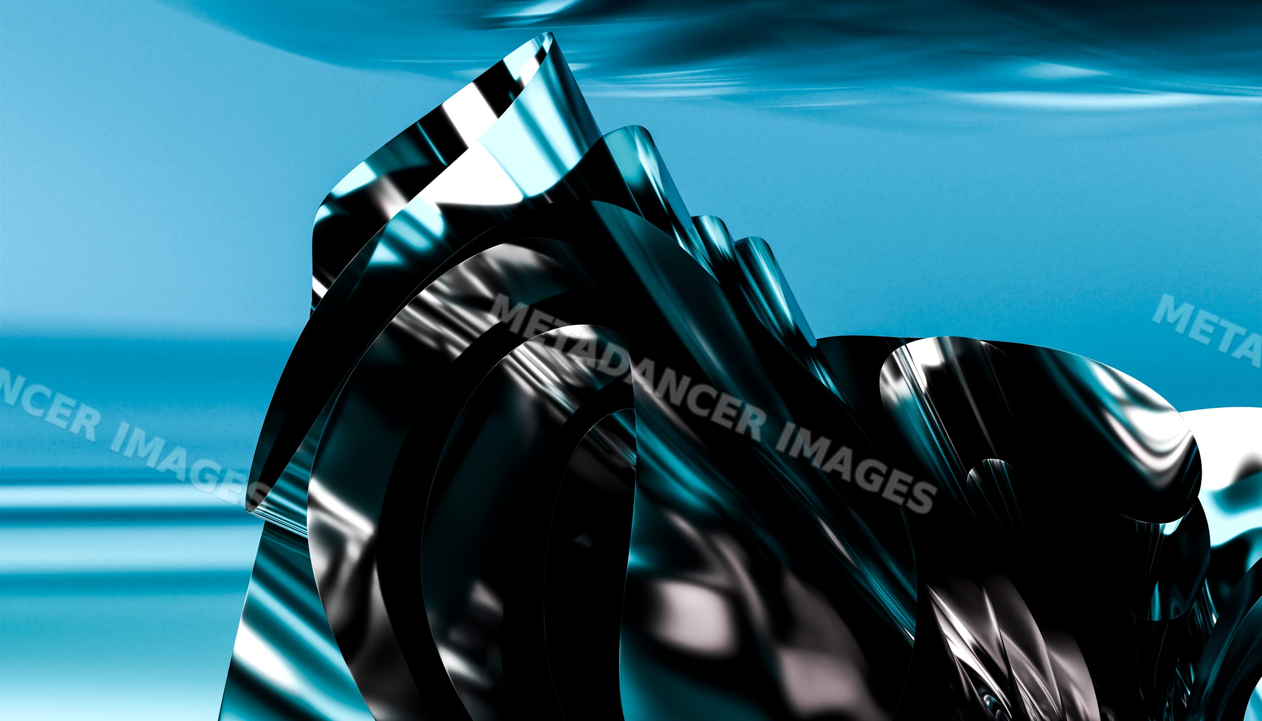 Abstract shiny metal sculpture with curved forms on blue background
