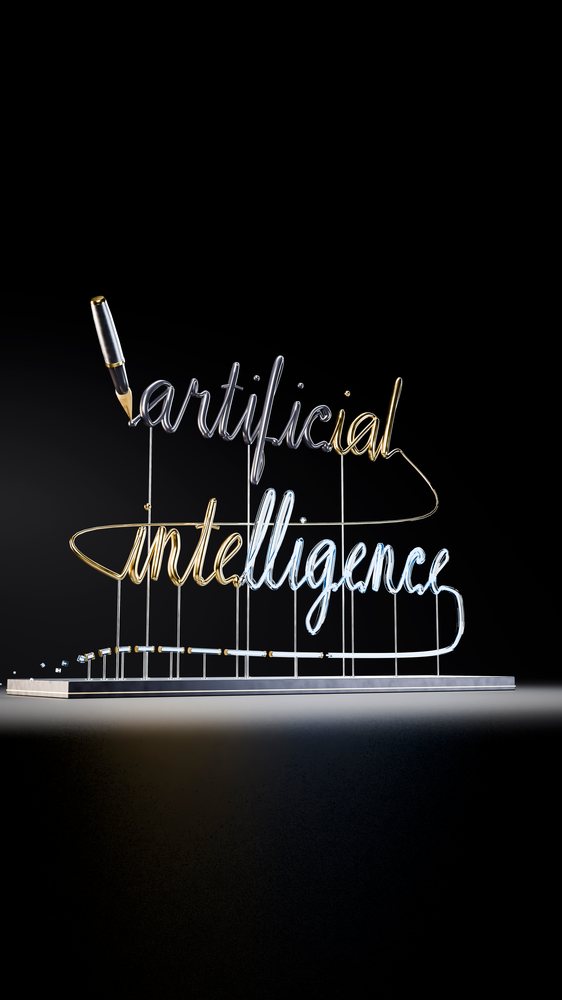 Neon light sculpture of artificial intelligence with fountain pen