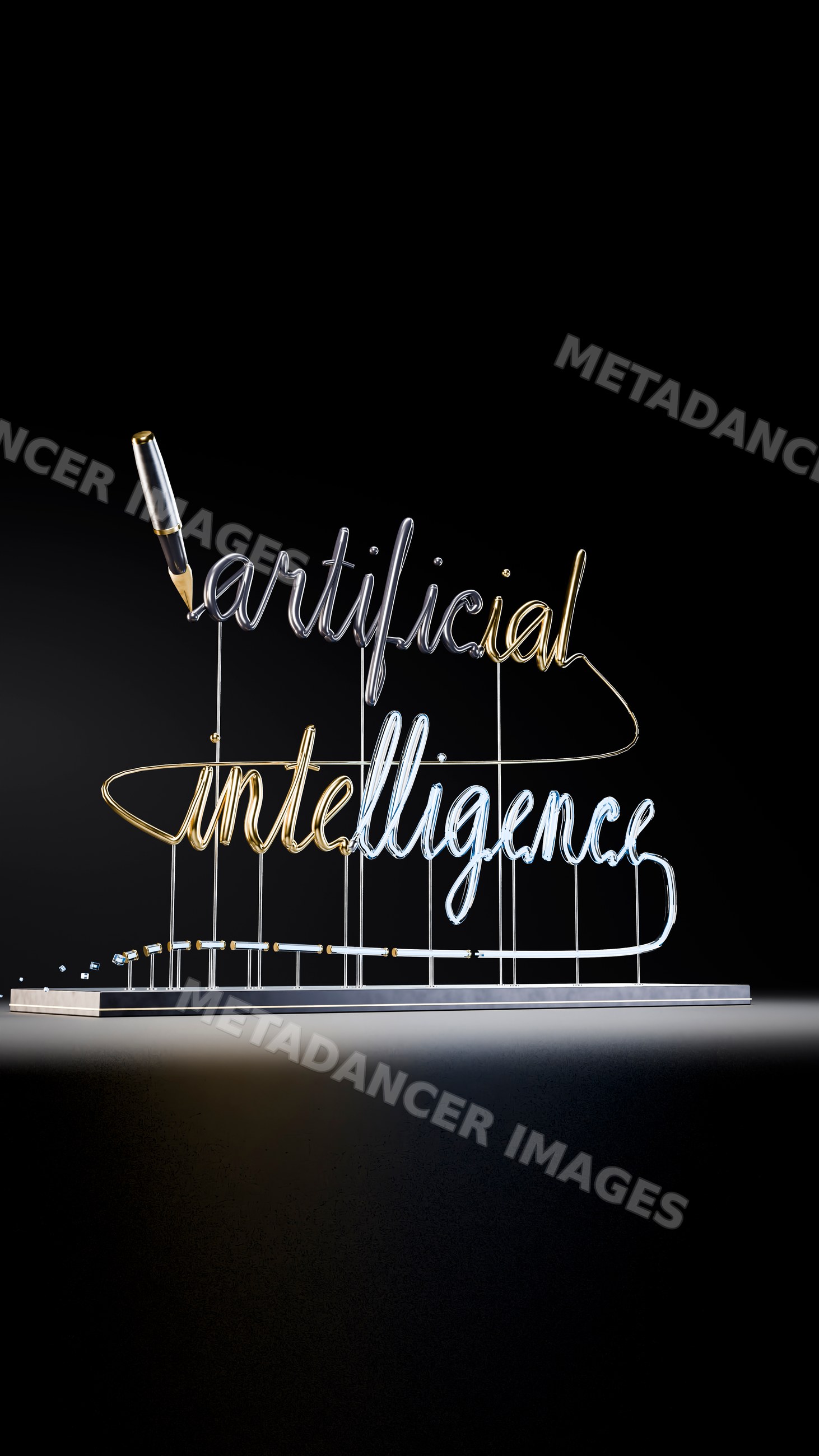 Neon light sculpture of artificial intelligence with fountain pen
