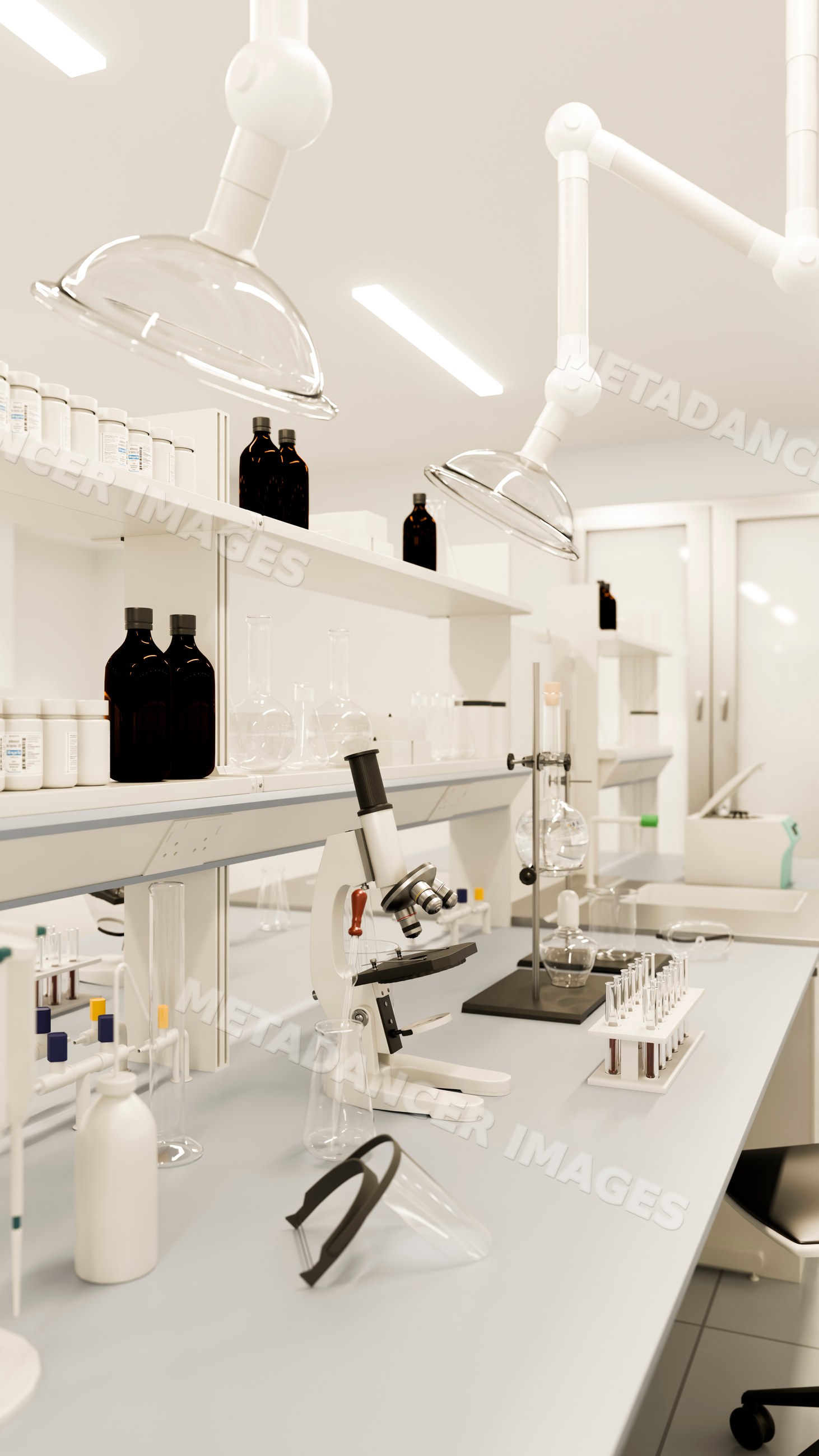 Laboratory bench with microscope and test tubes in modern research lab