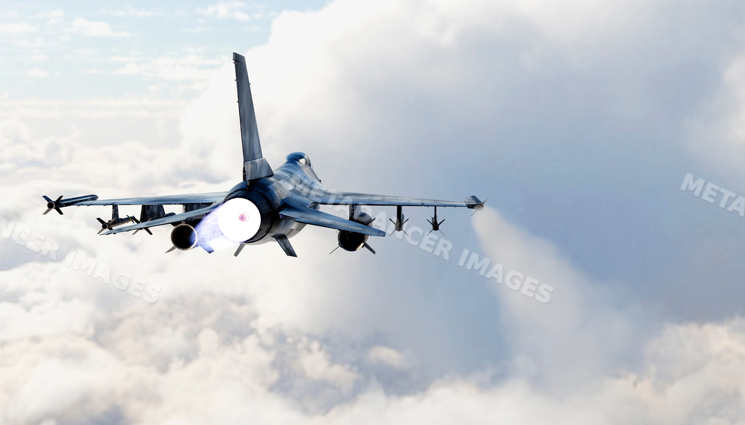 A military jet flies through clouds powered by afterburner