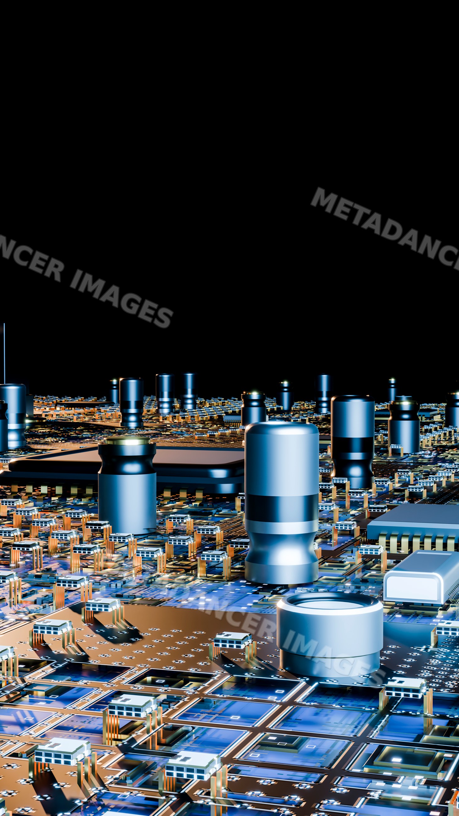 Close-up illustration of capacitors and microchips on a circuit board
