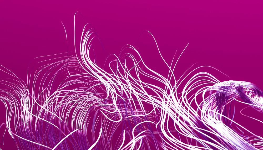 Abstract light trails with glowing curved lines on purple background