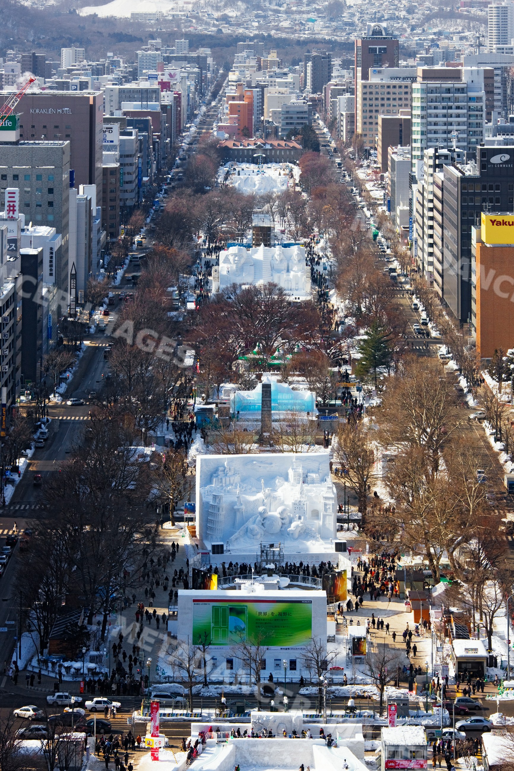 Sapporo snow festival with crowds and snow sculptures, japan