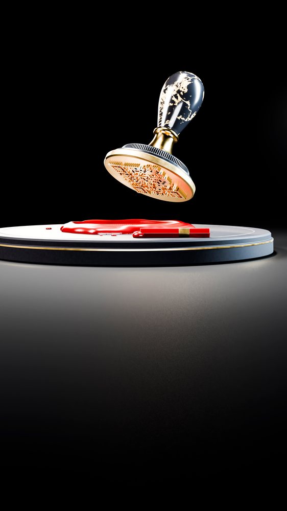 Wax seal stamp hovering over red melted wax on round platform