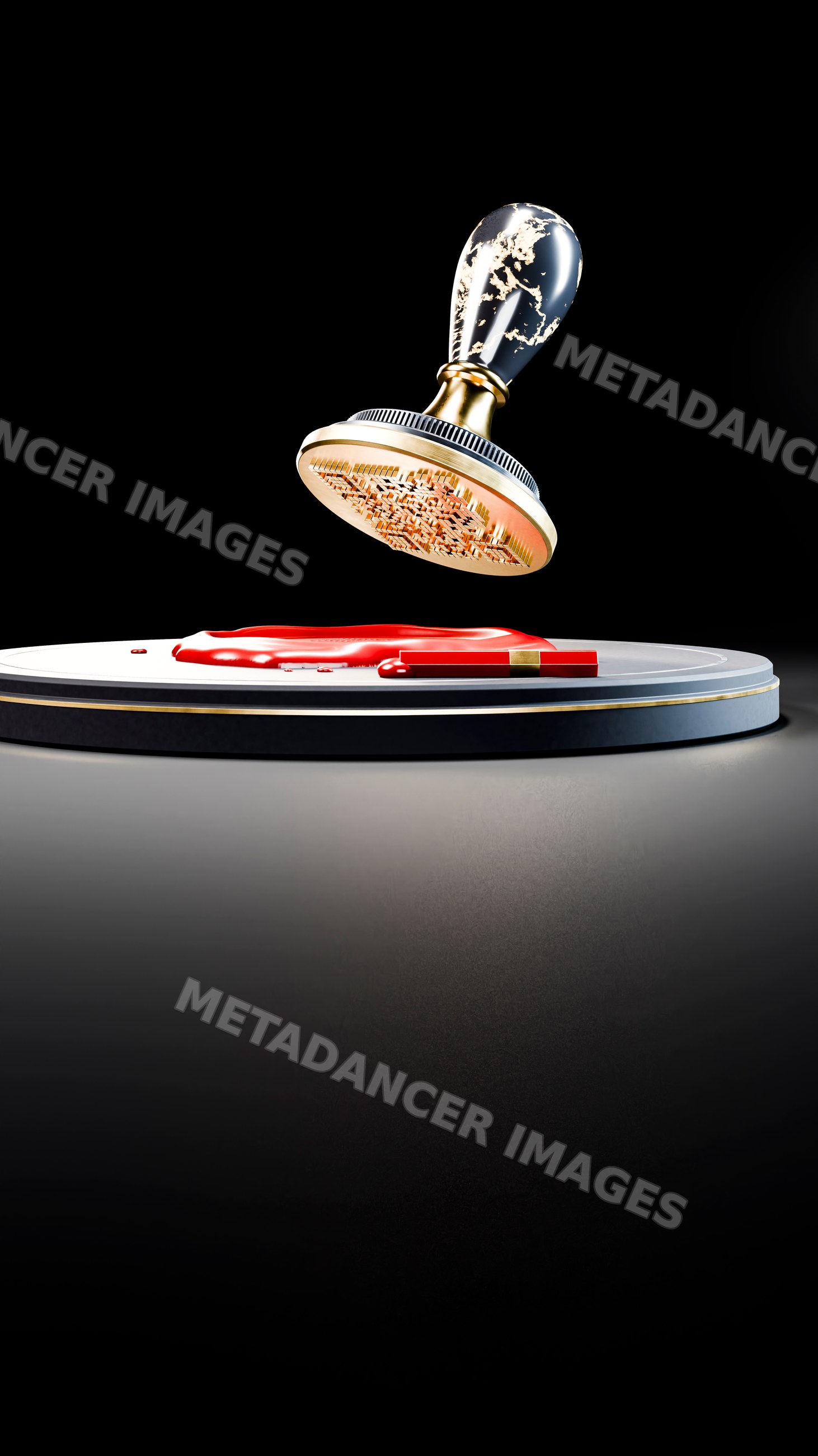 Wax seal stamp hovering over red melted wax on round platform
