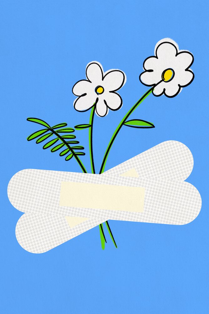 Illustration of white bandages crossed with flowers on blue background