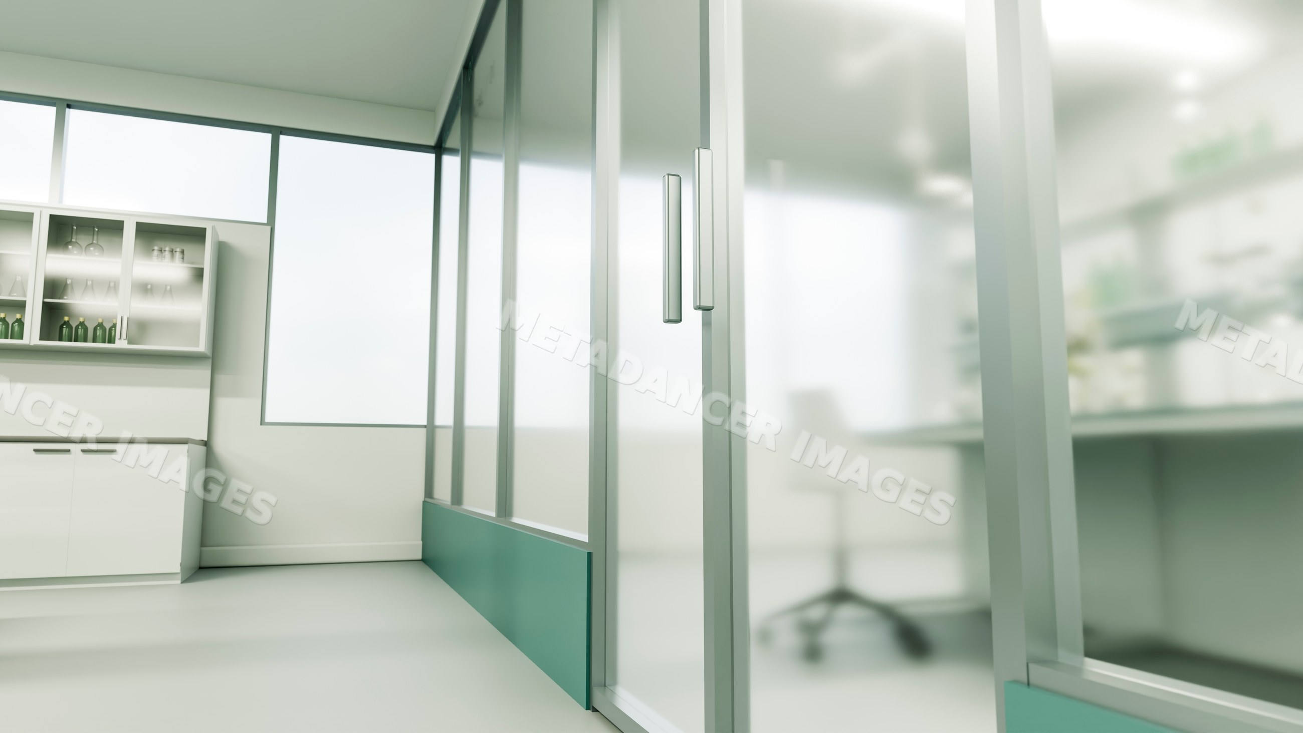 Glass door opening to modern office interior workspace