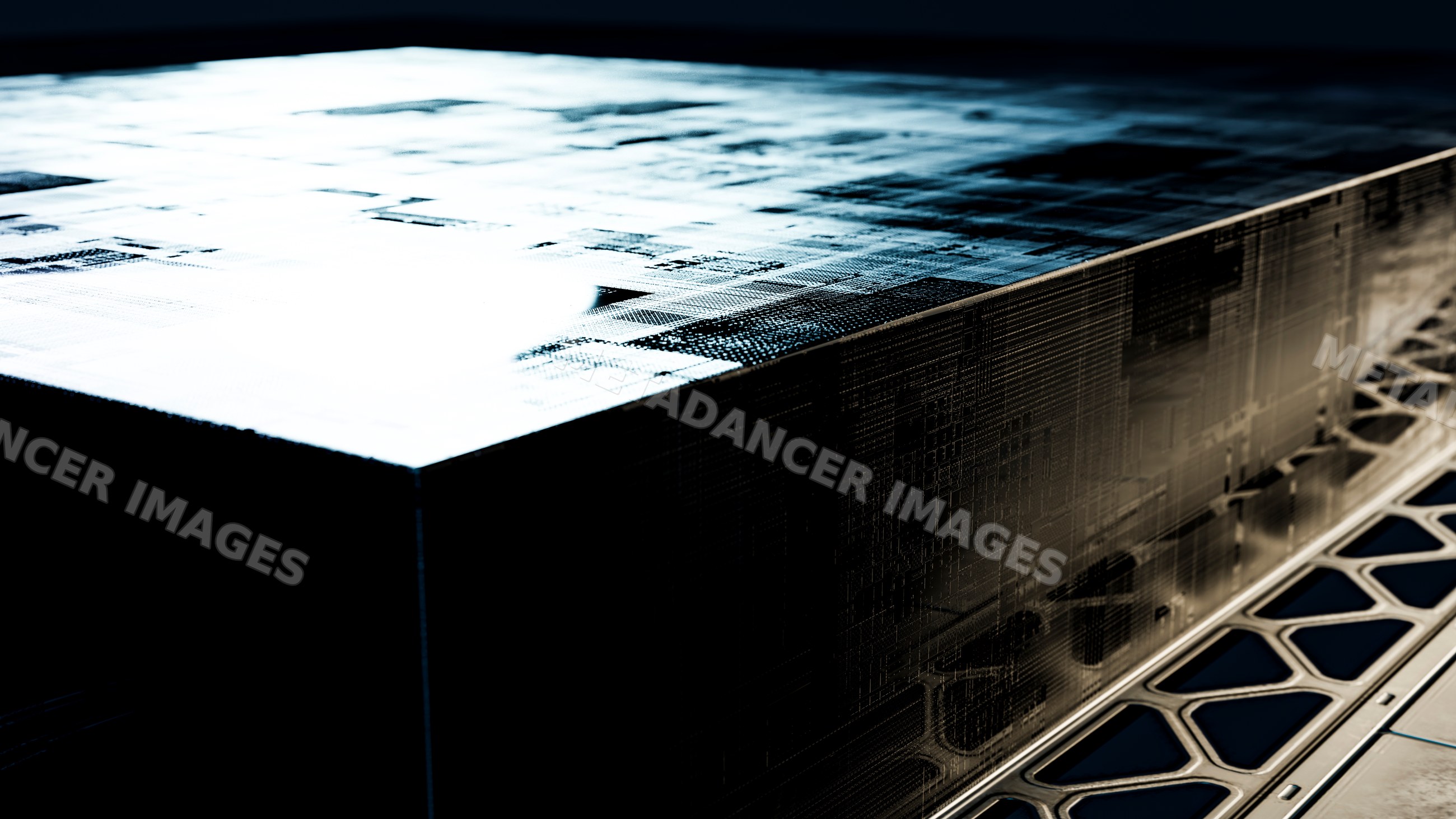 Technological black block with digital patterns and metallic grid