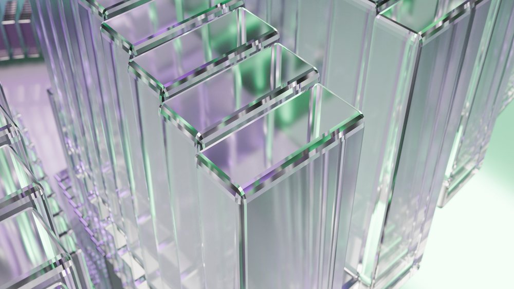 Transparent glass pillars with colorful reflections in 3d render