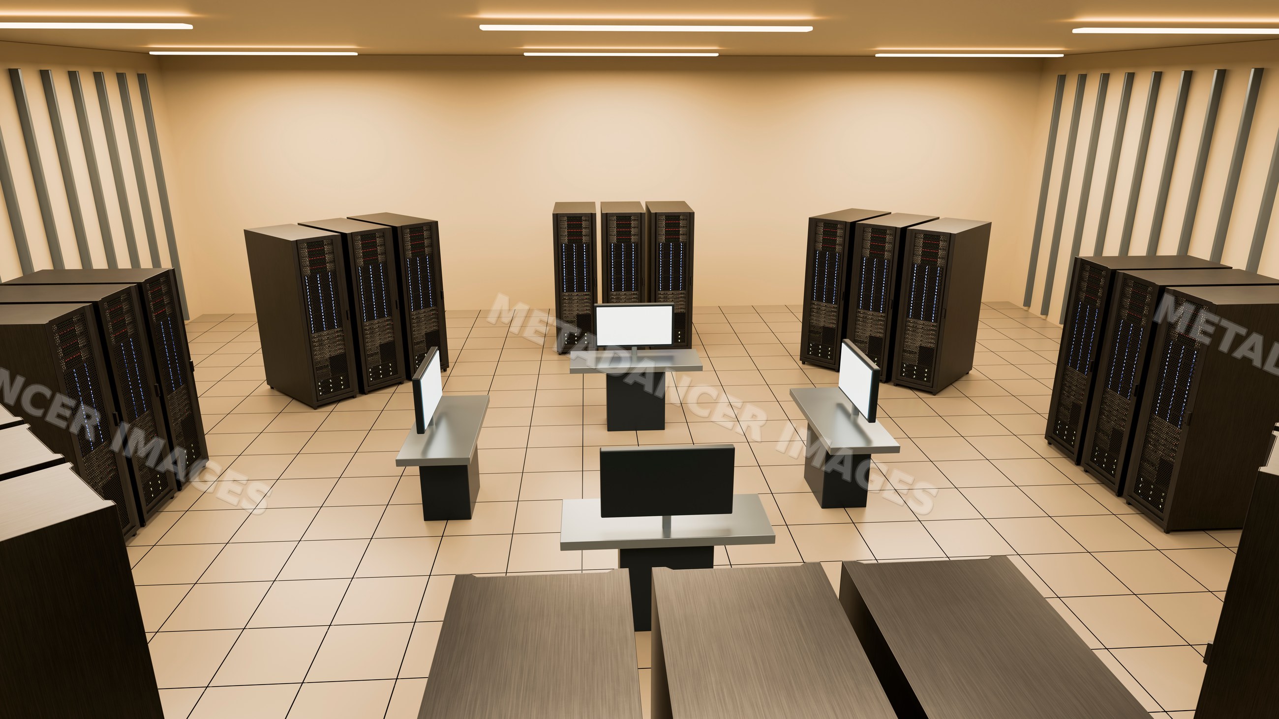 Modern data center room with server racks and computer monitors