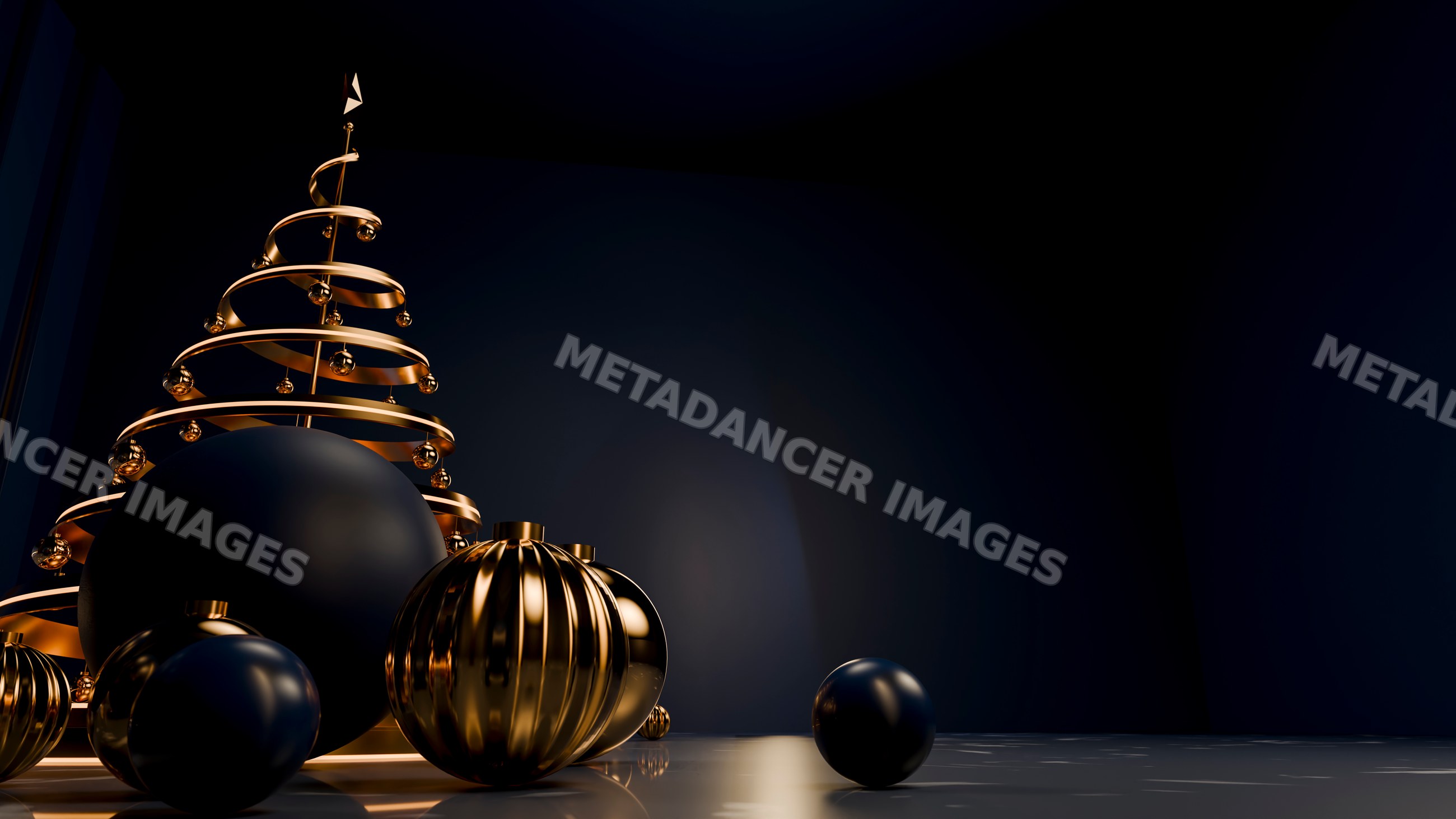 Metal spiral christmas tree decorated with gold and black ornaments