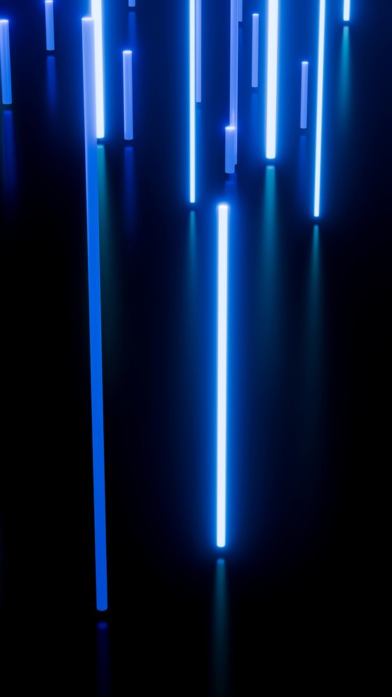 Vertical glowing blue light tubes in dark digital art scene