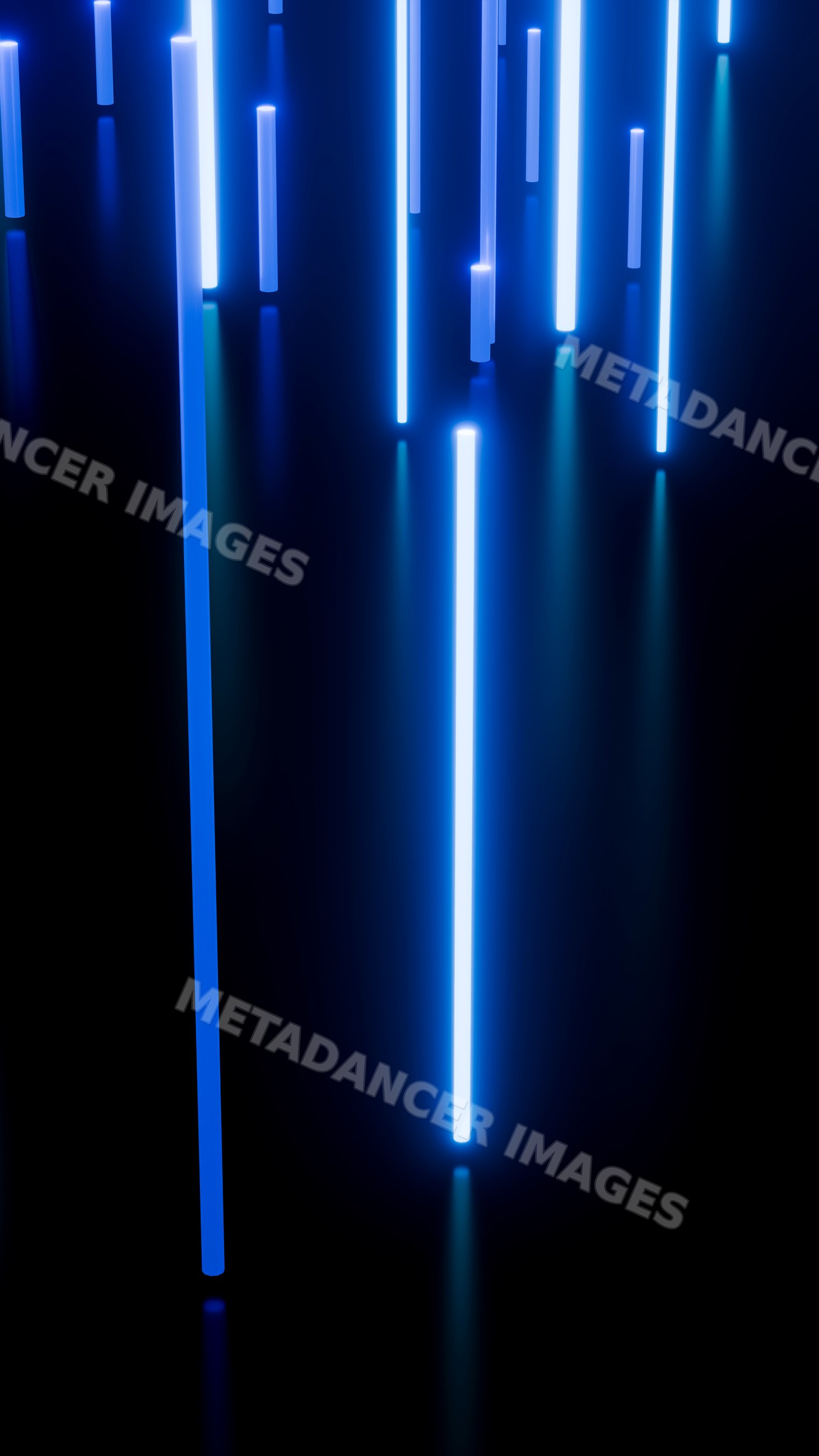 Vertical glowing blue light tubes in dark digital art scene