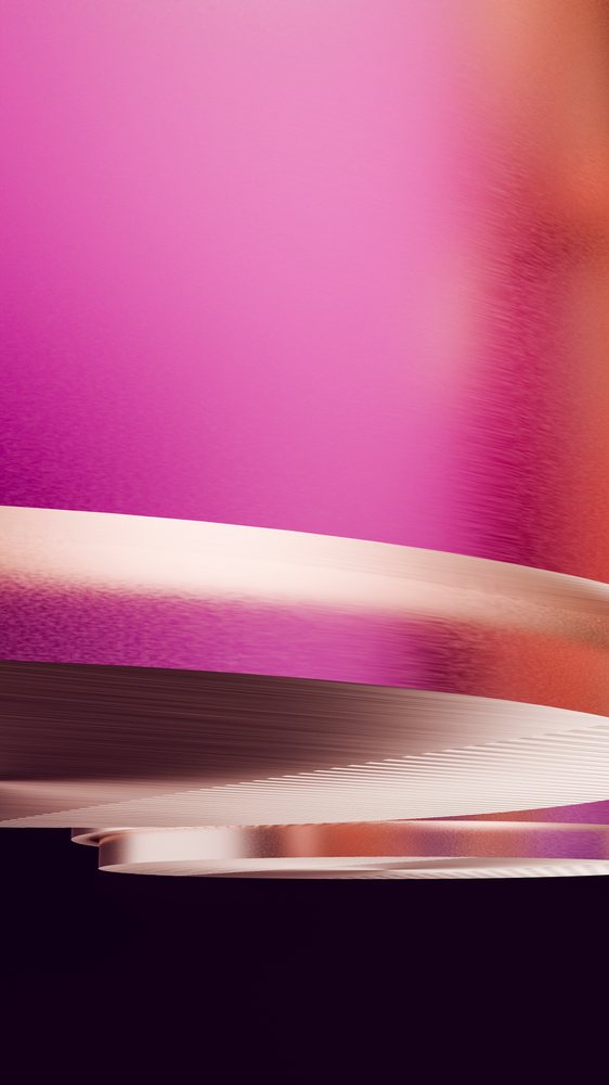 Metallic curved rings with pink gradient in abstract digital art