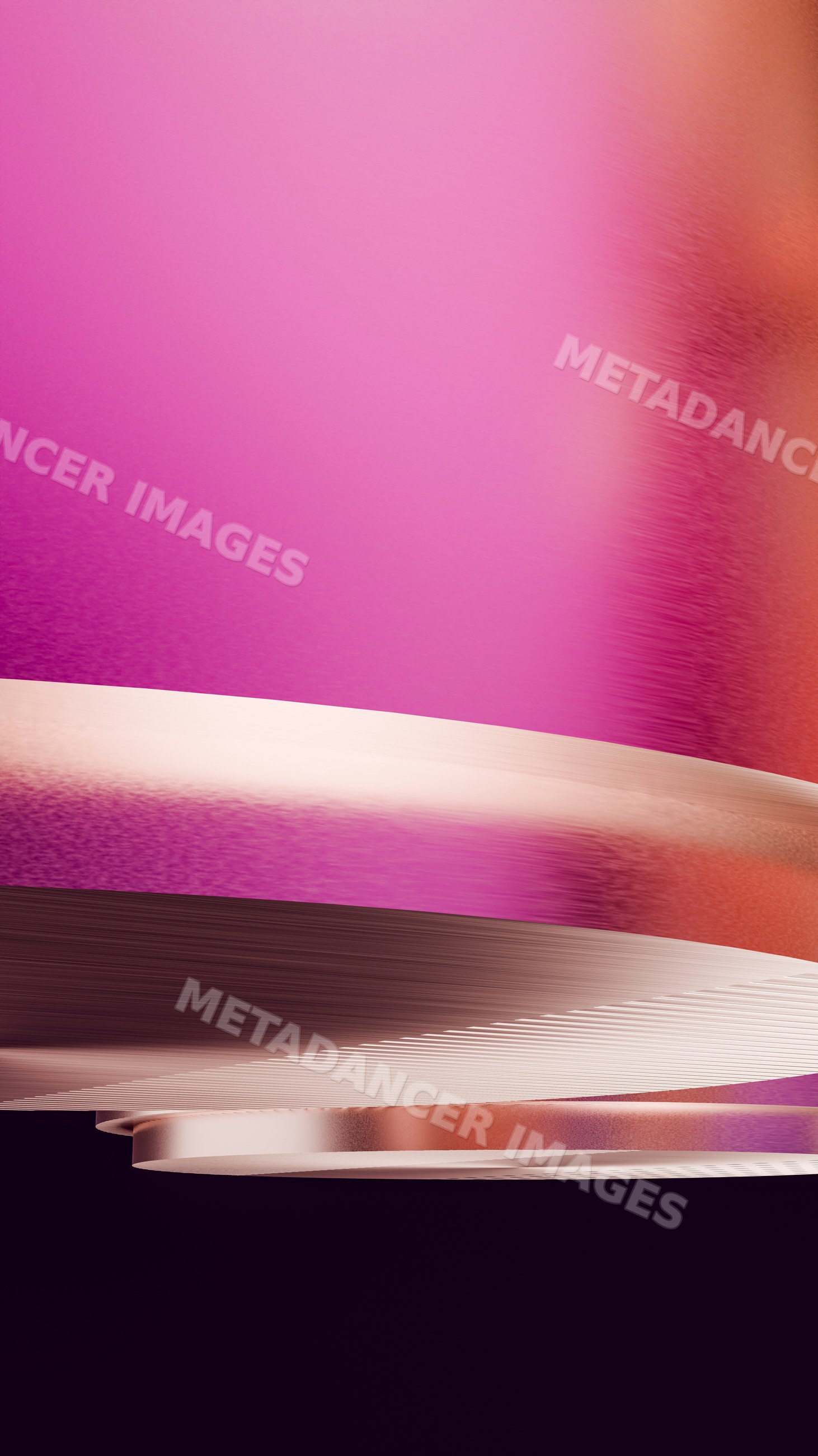 Metallic curved rings with pink gradient in abstract digital art