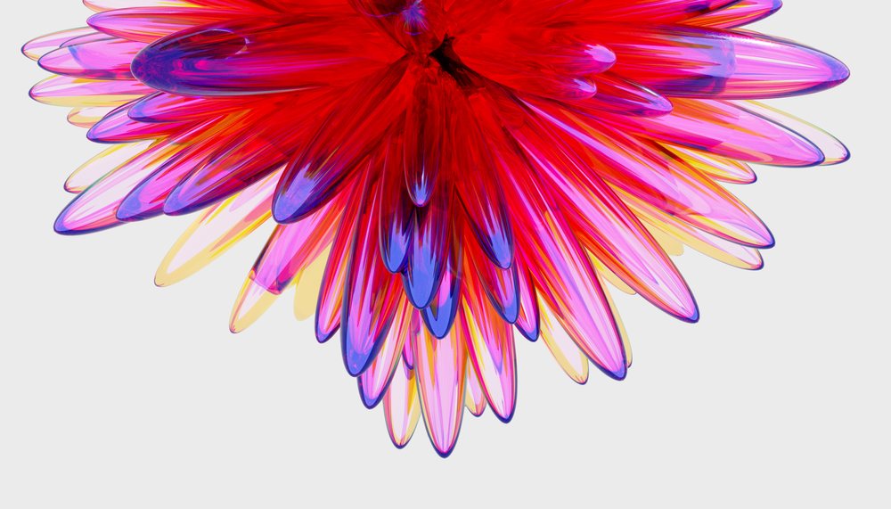 Colorful translucent digital flower with layered petals on white